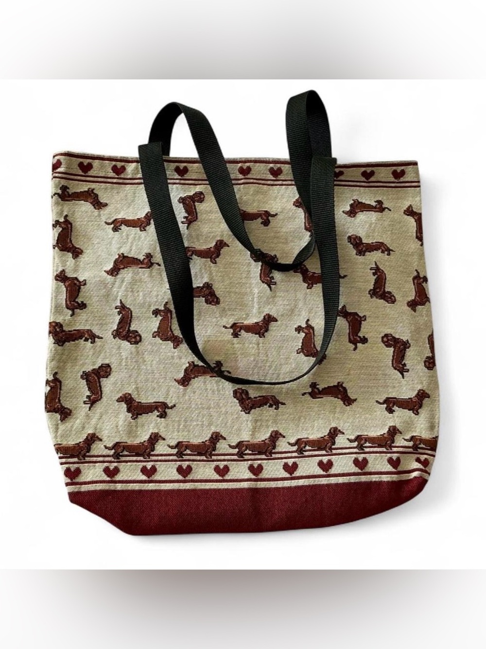 Knitted cotton Dachshund Print Tote Bag in Cream and Brown